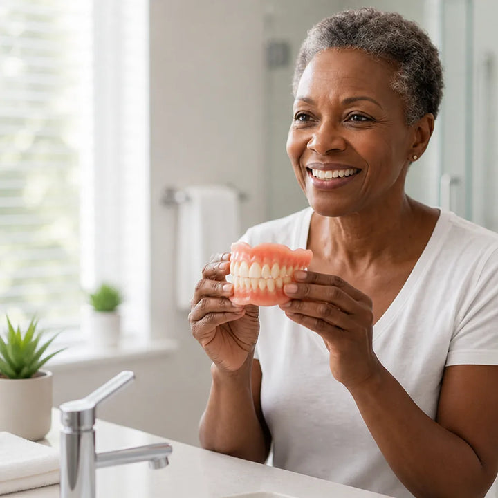 Smiling woman with short gray hair holds the denture set in both hands at a bathroom sink beside a small plant.