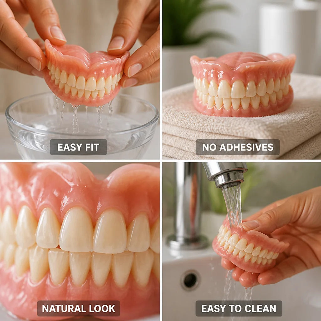 Four-panel collage showing the dentures being rinsed, resting on a towel, a close-up of the teeth, and being cleaned under running water.