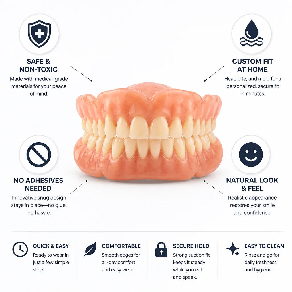 Denture set centered on a white background, surrounded by icons and short captions describing fit, comfort, hold and cleaning features. 5