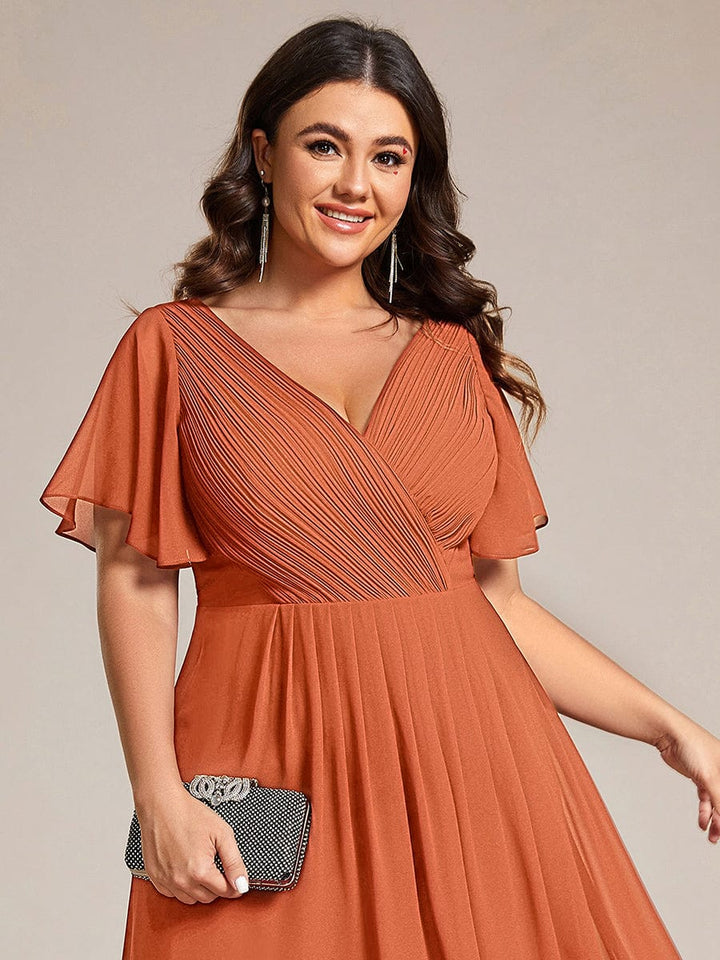 Chiffon High-Low Wedding Guest Dress with V-Neck and Short Sleeves 167