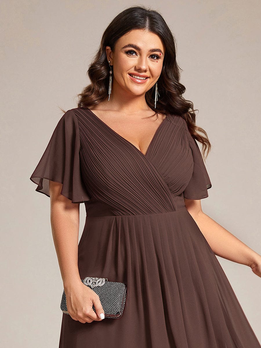 Chiffon High-Low Wedding Guest Dress with V-Neck and Short Sleeves 161