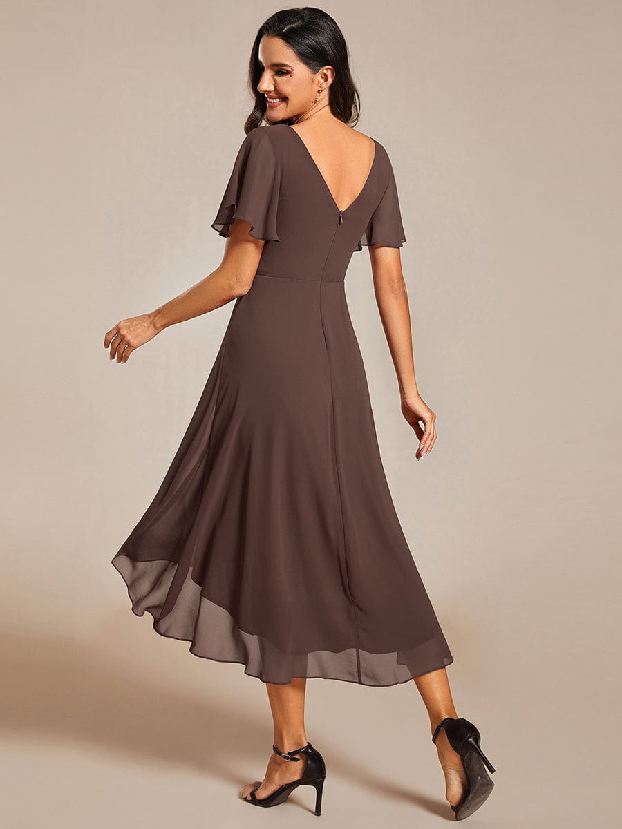 Chiffon High-Low Wedding Guest Dress with V-Neck and Short Sleeves 157