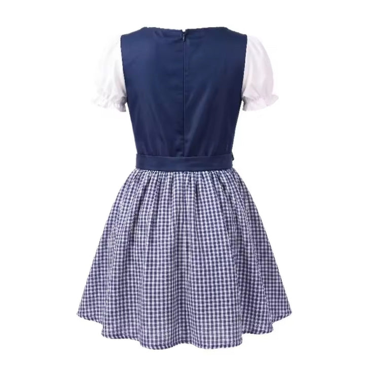 Back view of the navy dirndl showing the center zipper, waist band and checkered skirt 6