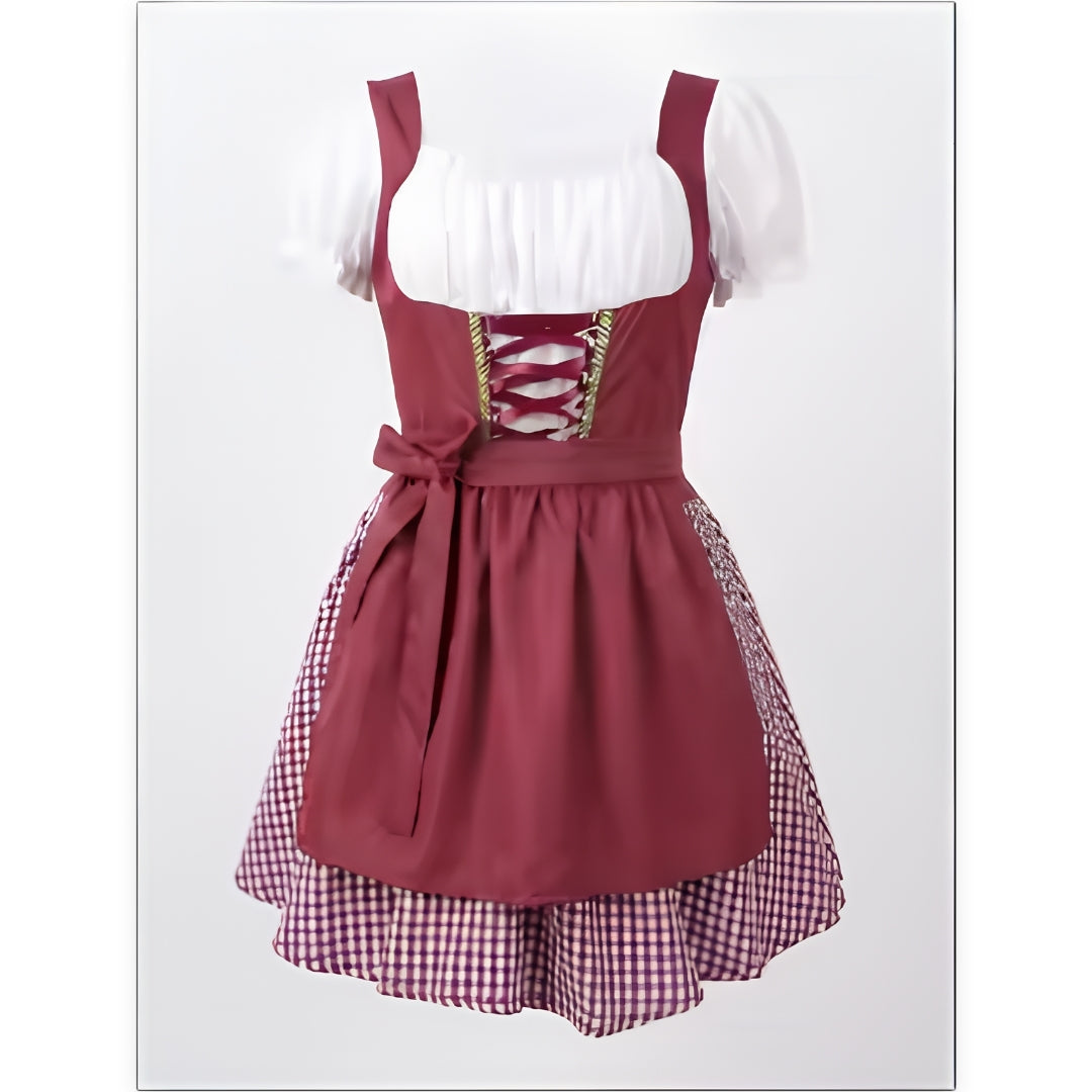 Burgundy dirndl with white puff-sleeve blouse, lace-up bodice, bow-tied apron and checkered skirt, shown front on a 1