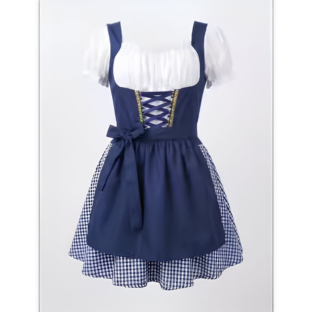 Navy blue version of the dirndl with white blouse, laced bodice, bow-tied apron and checkered underskirt, front view 2