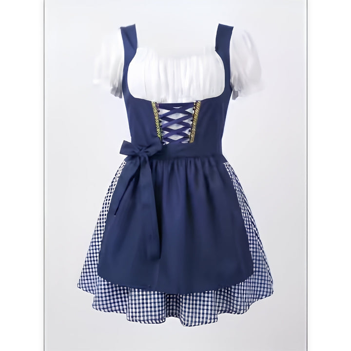 Navy blue version of the dirndl with white blouse, laced bodice, bow-tied apron and checkered underskirt, front view 2
