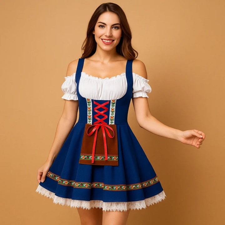 Smiling woman in a royal blue off-shoulder dirndl with red lacing and brown pocket apron 4