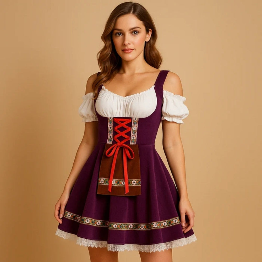 Woman in a purple off-shoulder dirndl with red lacing, brown pocket apron and white lace hem 2