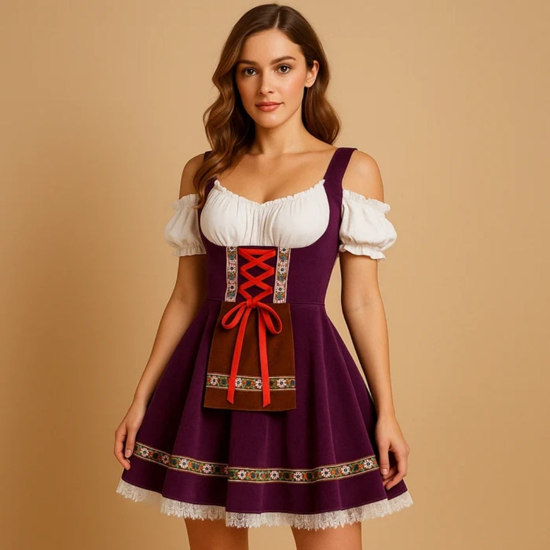 Woman in a purple off-shoulder dirndl with red lacing, brown pocket apron and white lace hem 2
