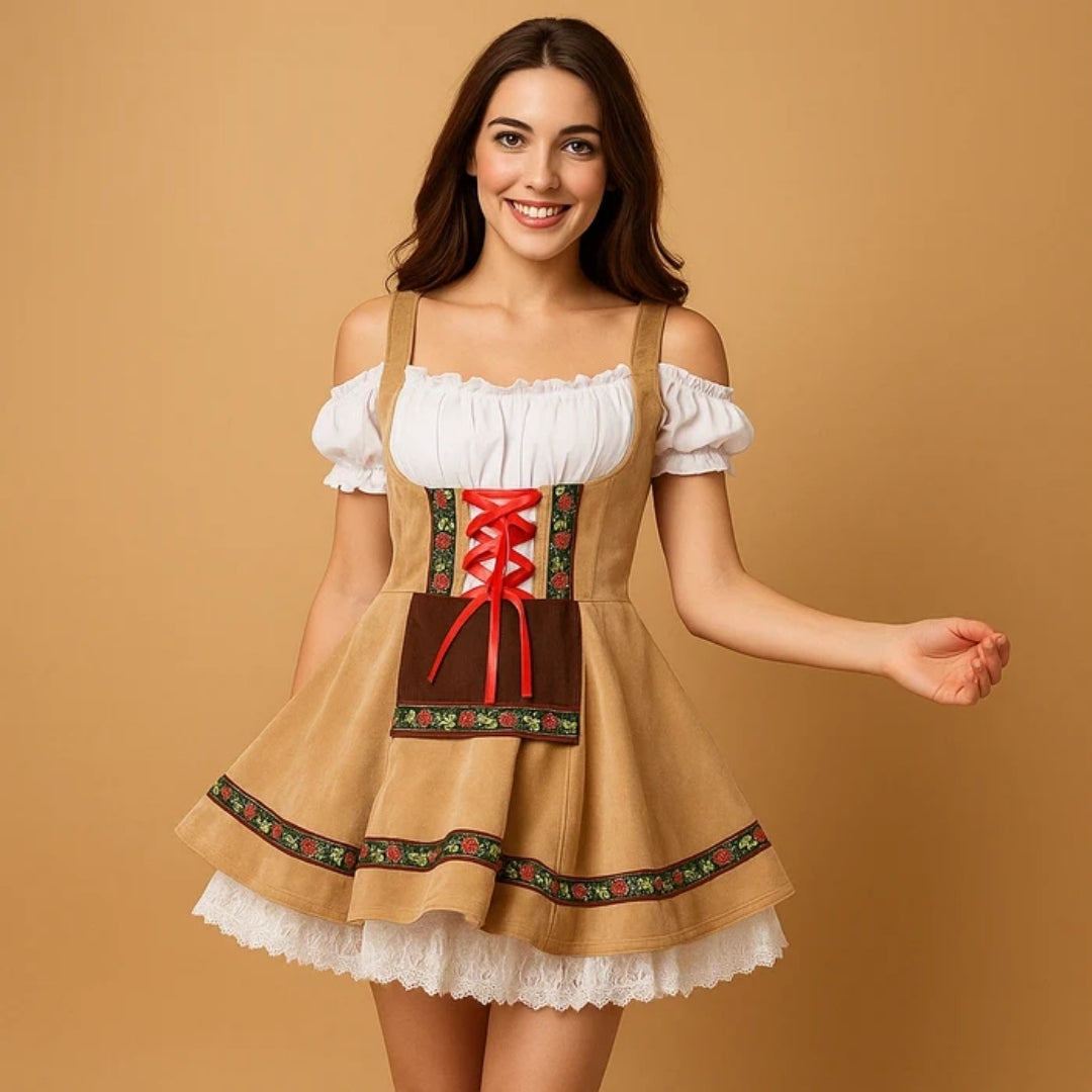 Woman in a tan dirndl with red satin lacing, floral ribbon trim and layered white lace petticoat 3