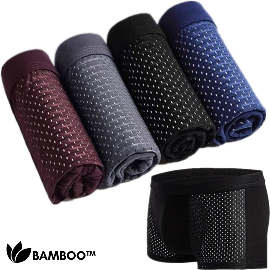 Four rolled mesh boxer briefs in burgundy, gray, black and blue beside one unrolled black pair showing the side panels. 4
