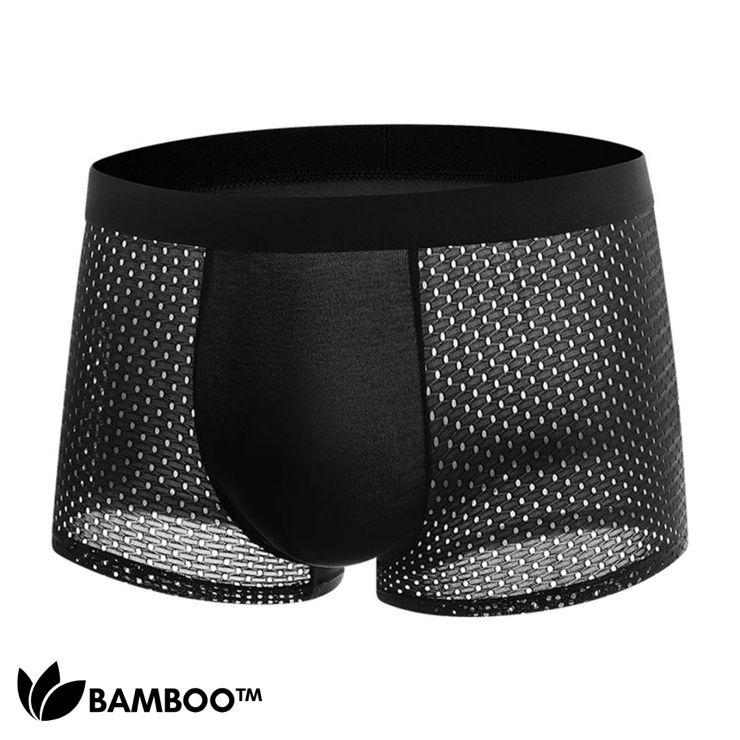 Front view of a single black boxer brief with perforated mesh side panels, a smooth center pouch and a wide waistband. 1