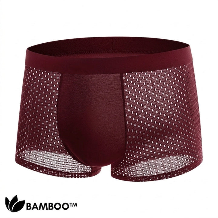 Front view of a single burgundy boxer brief with perforated mesh side panels, a smooth center pouch and a wide waistband. 5