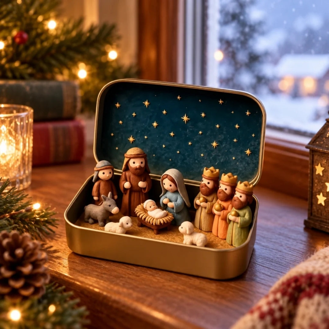 Open tin nativity scene with a dark teal starry lid.