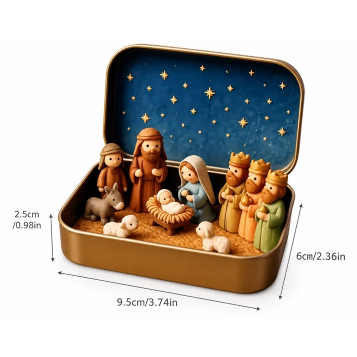 Product diagram of the open tin nativity on a white background with size measurements.