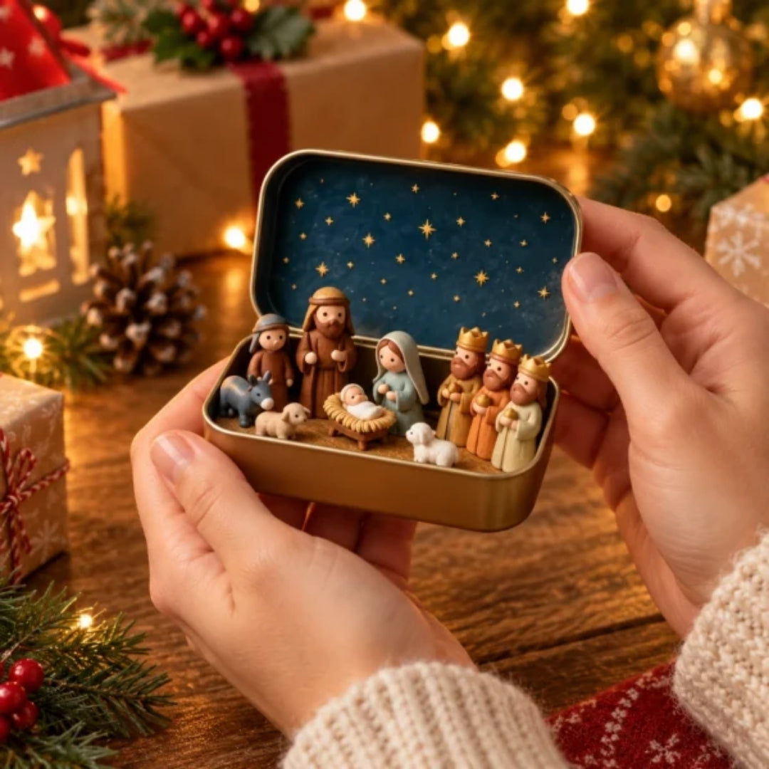 Two hands hold the open gold tin with nativity figures under a starry blue lid.
