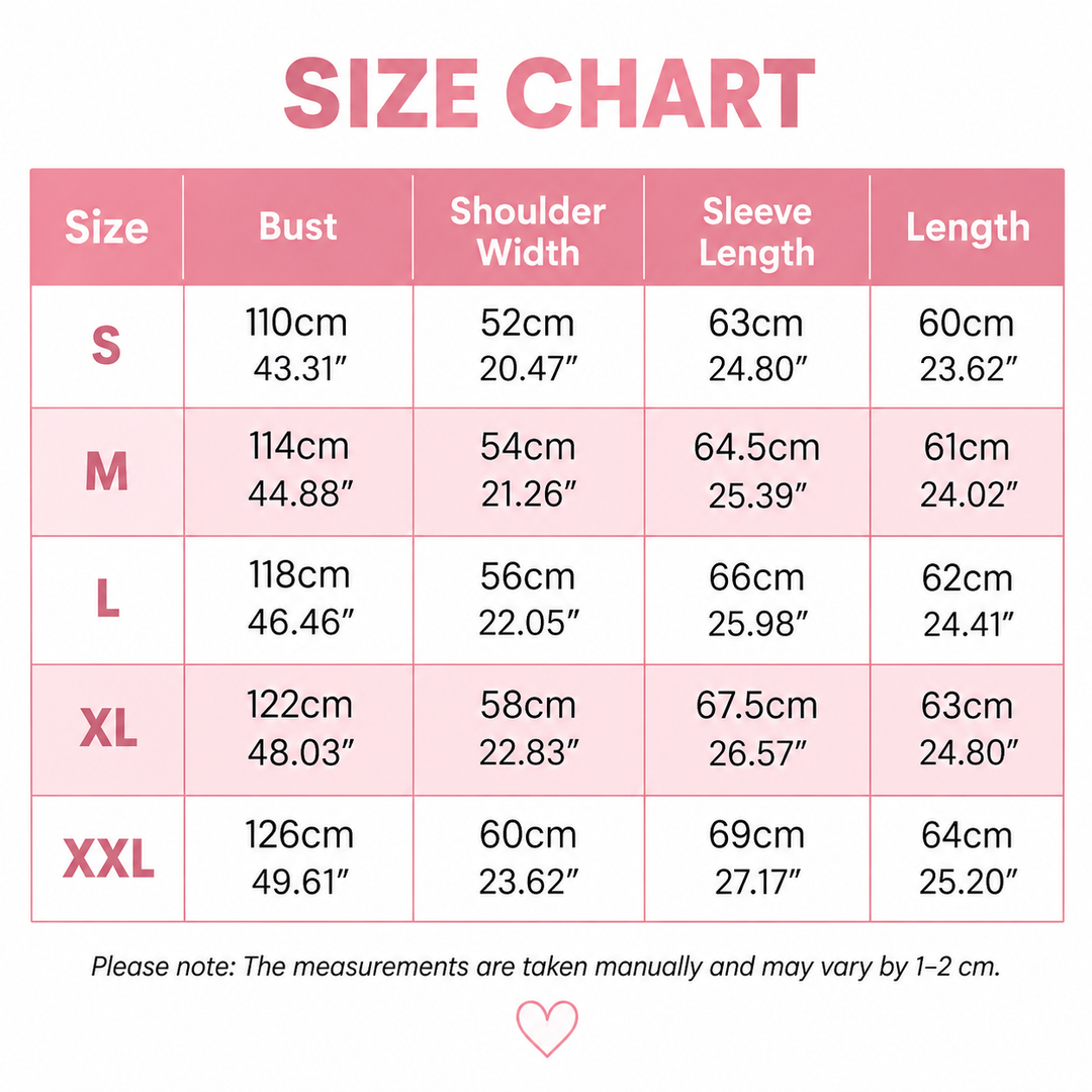 Pink size chart table listing bust, shoulder width, sleeve length and length for sizes S through XXL in centimeters and inches. 9