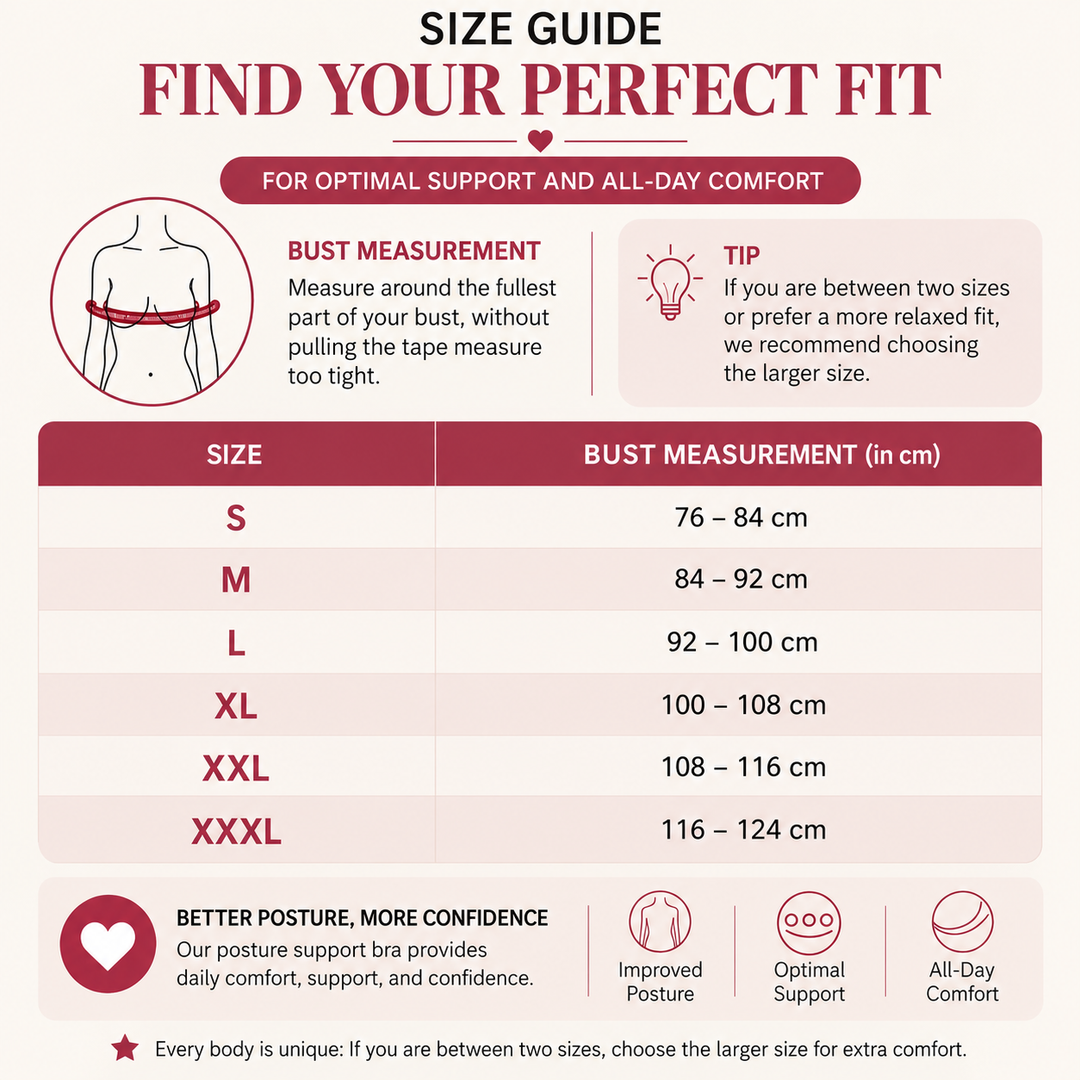 Size chart with bust measurement ranges from S to XXXL in centimeters and a diagram showing where to measure around the bust. 7