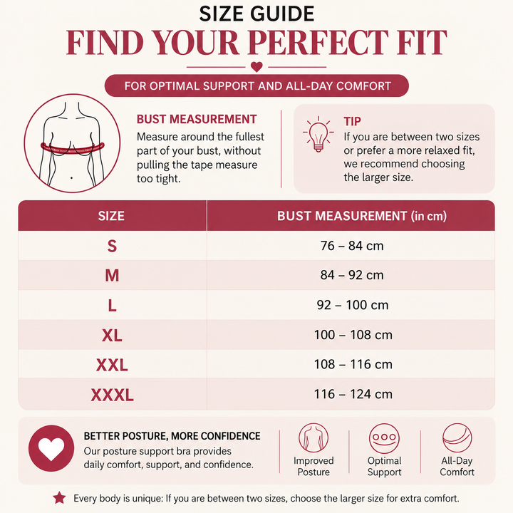 Size chart with bust measurement ranges from S to XXXL in centimeters and a diagram showing where to measure around the bust. 7