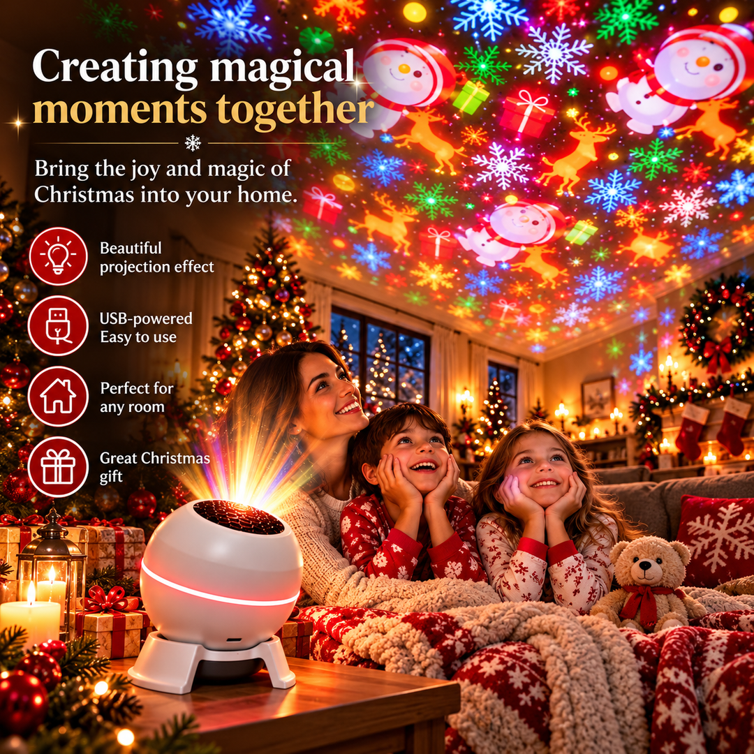 Smiling mother and two children in matching pajamas under a blanket watching holiday motifs projected from the white sphere.