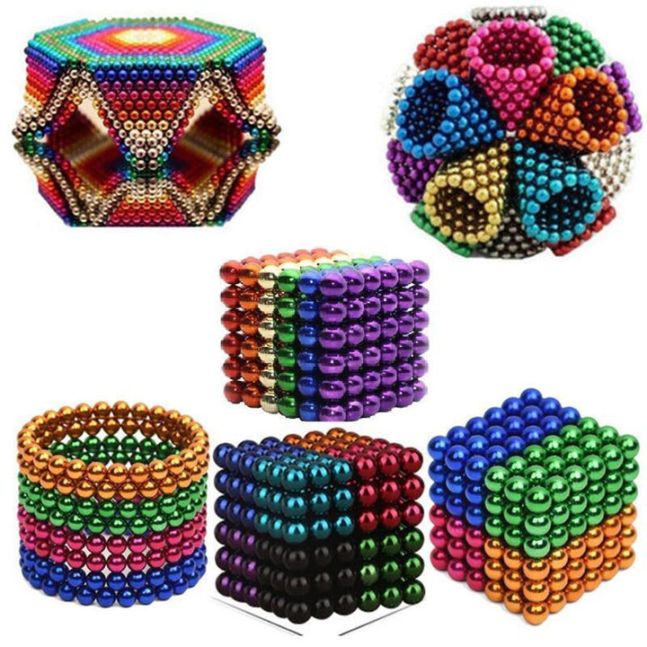 Multicolor magnetic balls arranged into a hexagonal frame, a flower-like sphere, rainbow cubes and stacked rings.