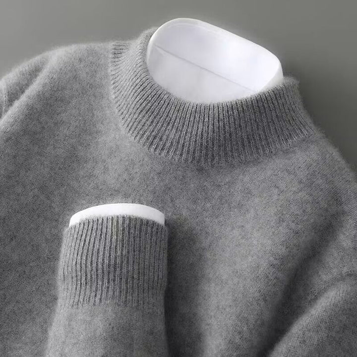 Cashmere sweater in heather gray with a ribbed mock neck, another view.