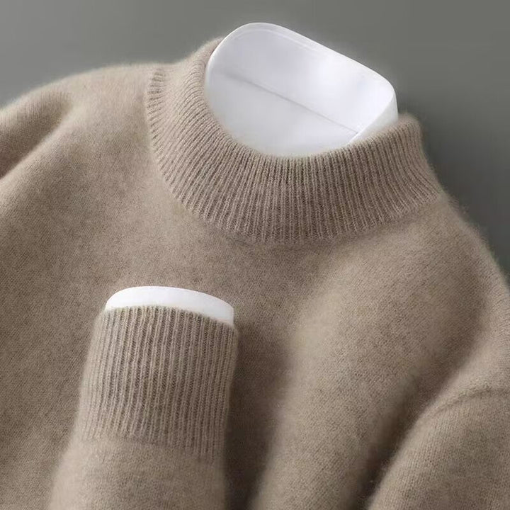 Cashmere sweater in taupe with a ribbed mock neck, another view.