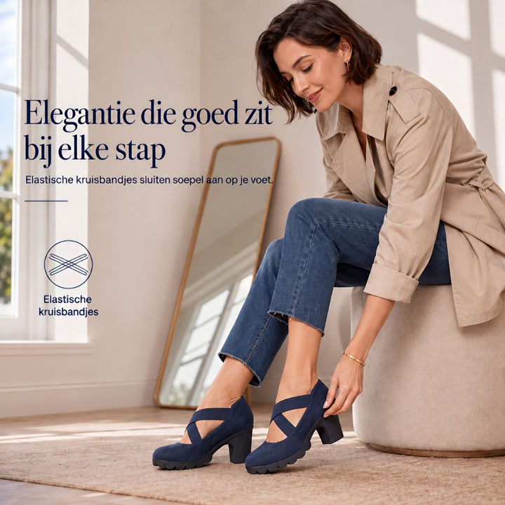 Navy crossed-strap block heel, another view.