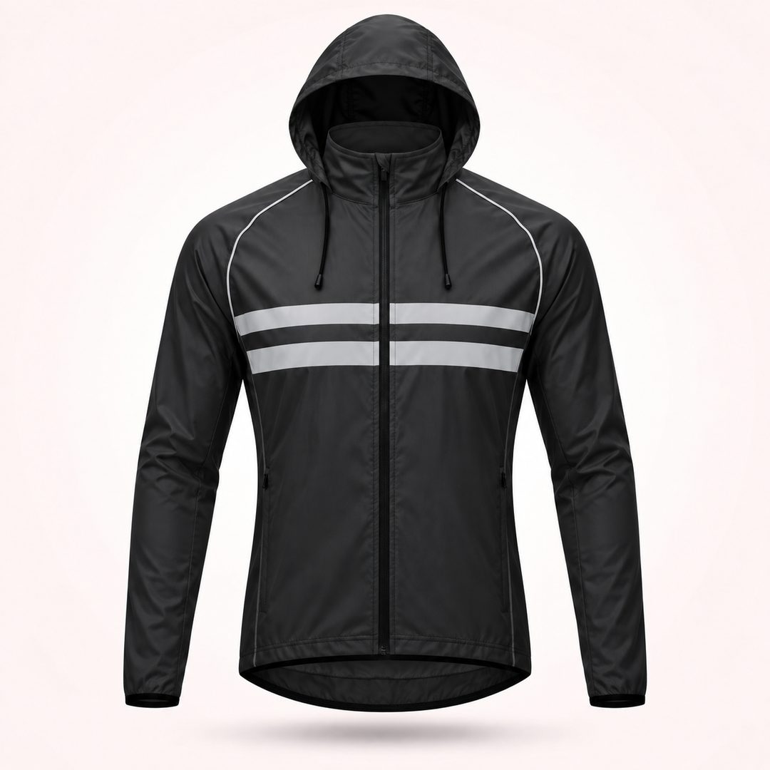 Front view of the black hooded version with drawstrings, zippered side pockets and two reflective stripes across the chest.
