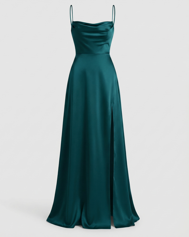 Teal satin maxi dress shown flat, with cowl neckline, thin straps, fitted waist, flowing skirt and side slit.
