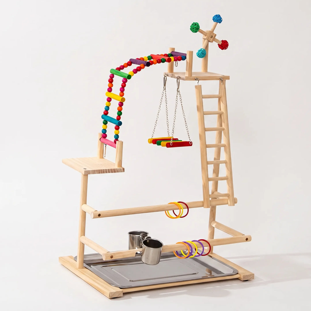 Wooden bird playground on a plain background, with a beaded rainbow ladder, swing, side ladder, spinning toy, rings, steel cups and tray. 1