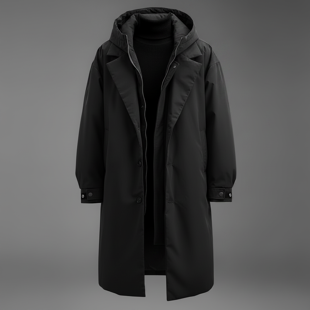 Black version of the long hooded coat displayed open over a black turtleneck, with notched lapels and buttoned cuff tabs.