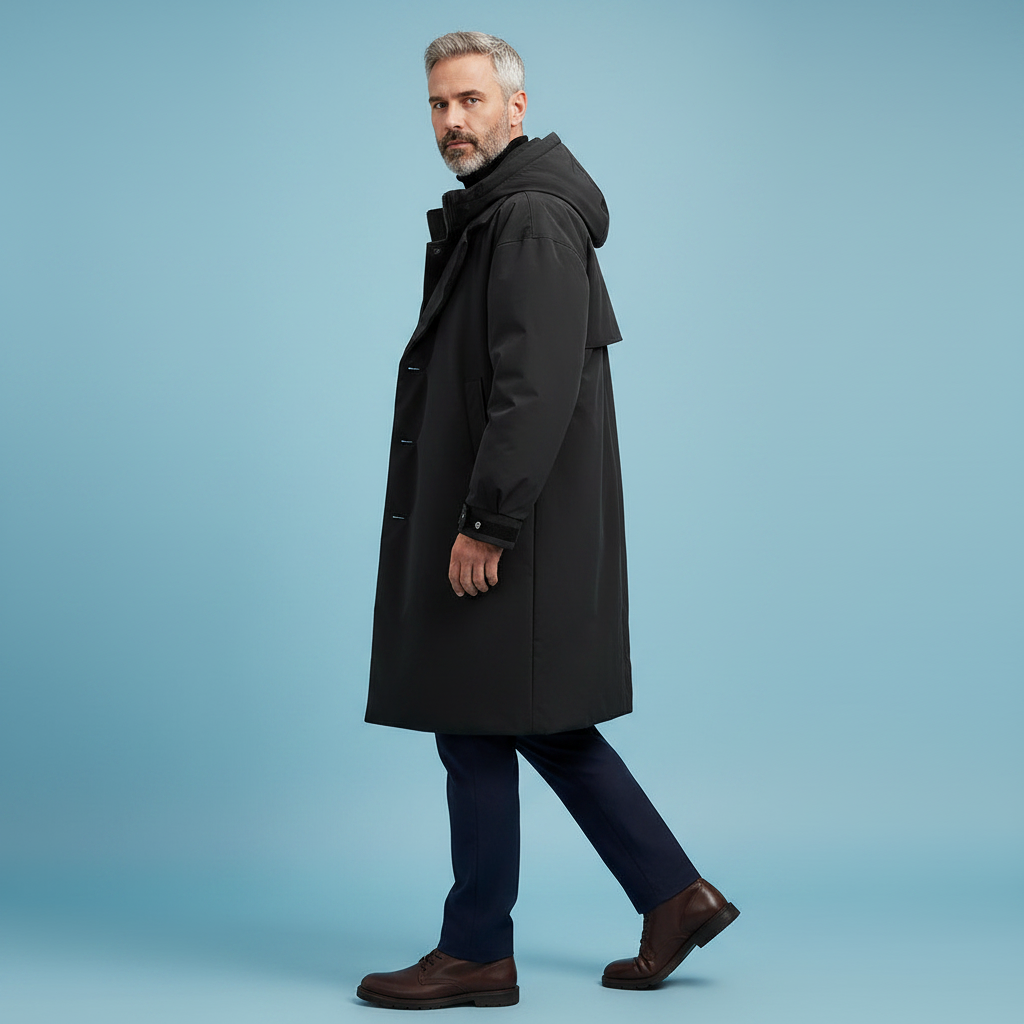 Side view of a gray-haired model walking in the long black hooded coat with navy trousers and brown leather shoes.