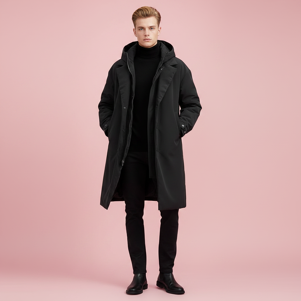 Model with slicked-back hair wears the black hooded coat open over a black turtleneck and trousers, hands in pockets, full length.