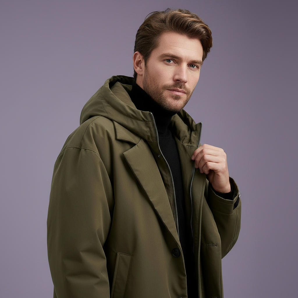 Bearded model in the olive green hooded coat turns to the side, touching the open zip collar over a black turtleneck.
