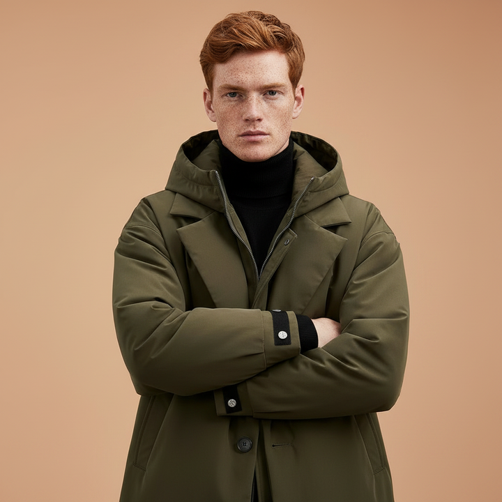 Close-up of a red-haired model in the olive green hooded coat with arms crossed, showing the zip collar and snap cuff tabs.