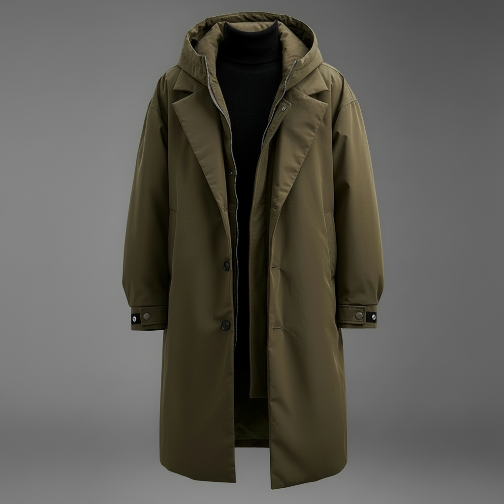 Olive green hooded coat with wide lapels and snap cuff tabs, shown open over a black turtleneck against a gray backdrop.
