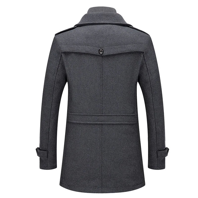Back view of the gray overcoat showing the back yoke with button and waist strap 2