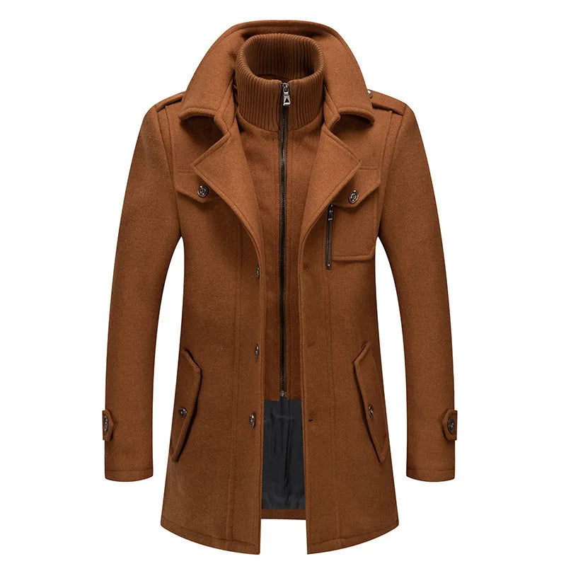 Front view of the camel brown overcoat with a ribbed zip-up inner collar and lapels 4