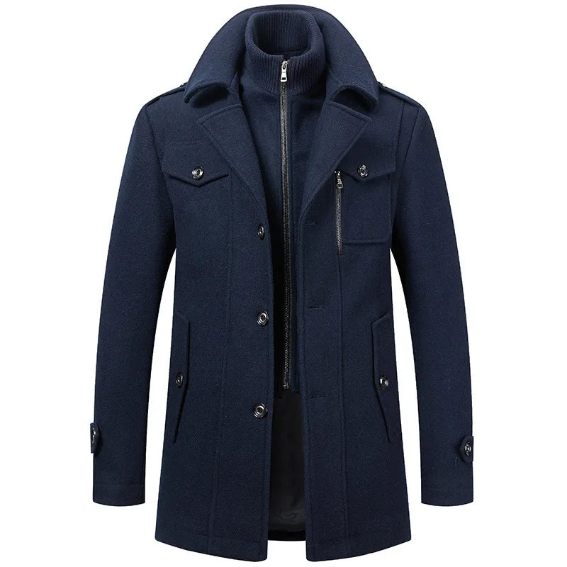 Front view of the navy blue overcoat with an inner zip collar and button-flap chest pockets 5