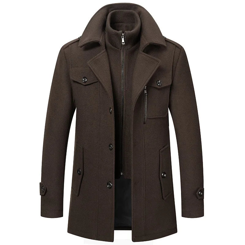 Front view of the dark brown overcoat with a ribbed inner collar and a zippered chest pocket 6
