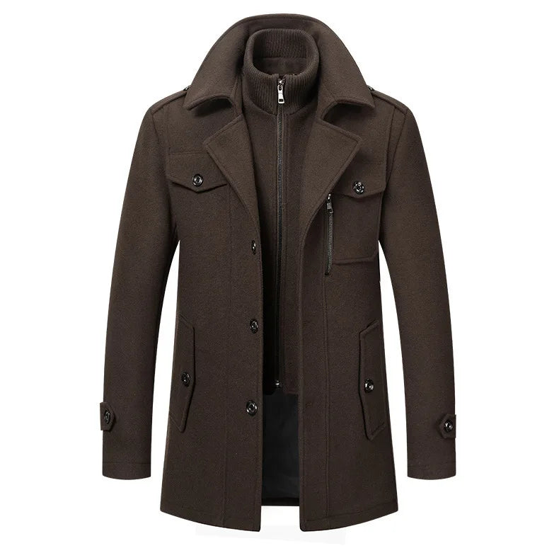 Front view of the dark brown overcoat with zipped knit inner collar and large front pockets 9
