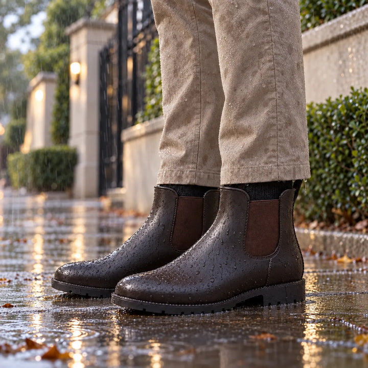 Dark brown Chelsea rain boots covered in raindrops, worn with khaki pants on a wet sidewalk beside a gated garden wall. 1
