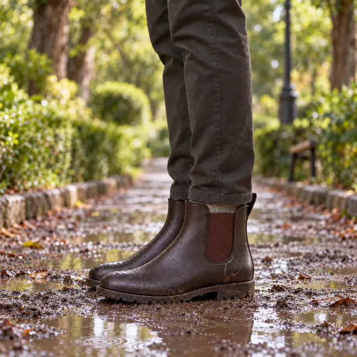 Man wearing brown Chelsea rain boots splattered with mud and water drops, standing in a puddled park path. 3