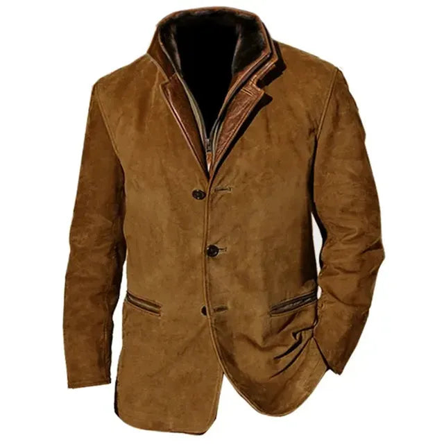 Tan-brown version of the suede jacket with contrast leather collar and zip-in inner layer, front view 4