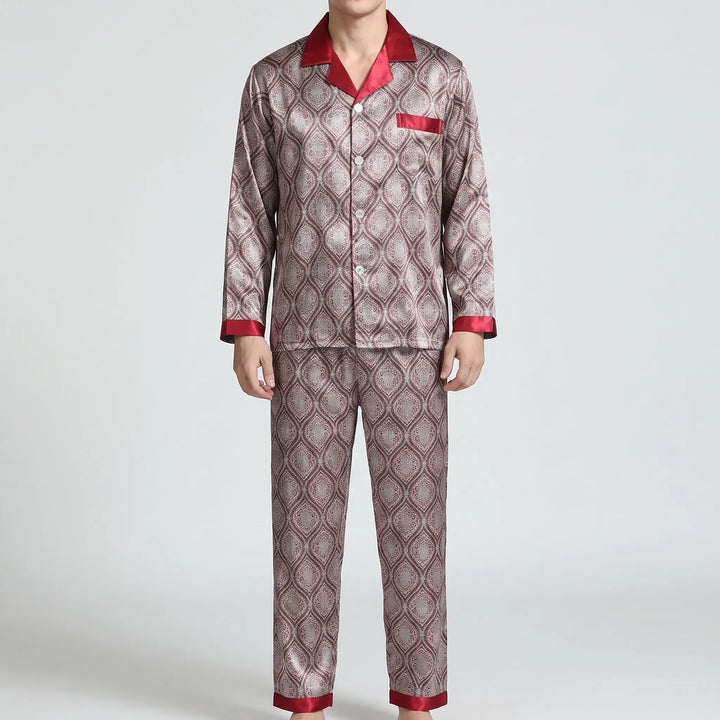 Model wearing a burgundy-trimmed satin pajama set in a gray-and-red ornate diamond pattern, shown full front. 6