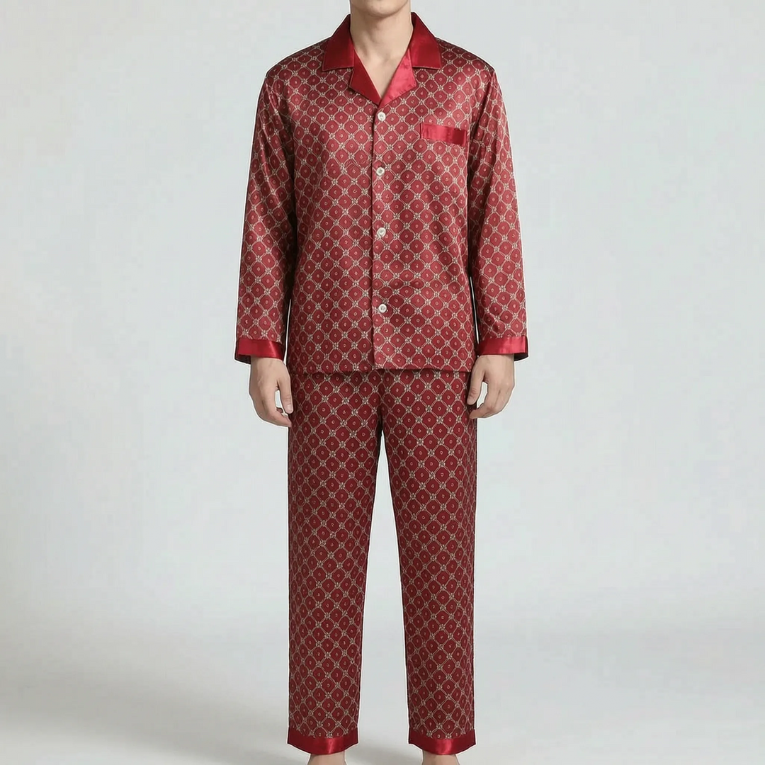 Model wearing the red satin pajama set with small lattice print and matching red collar, pocket and cuff trim. 7