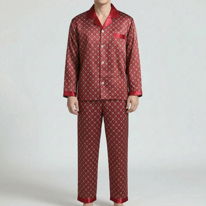 Model wearing the red satin pajama set with small lattice print and matching red collar, pocket and cuff trim. 7