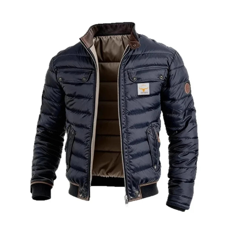 Navy quilted puffer jacket with open zipper and brown lining, shown on a plain white background 4