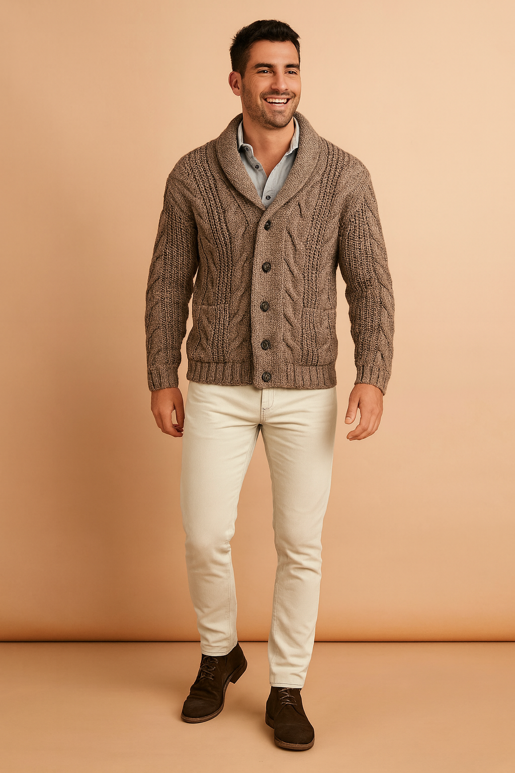 Full-length model in the brown cardigan with cream pants and dark suede boots 4